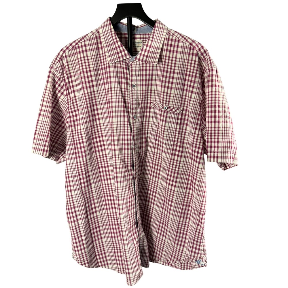 Tommy Bahama Jeans Mens XXL Island Modern Fit Plaid Short Sleeve Shirt Burgundy